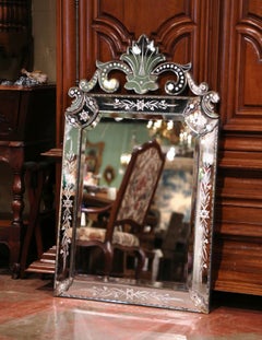 Early 20th Century Italian Overlay Venetian Mirror with Painted Floral Etching