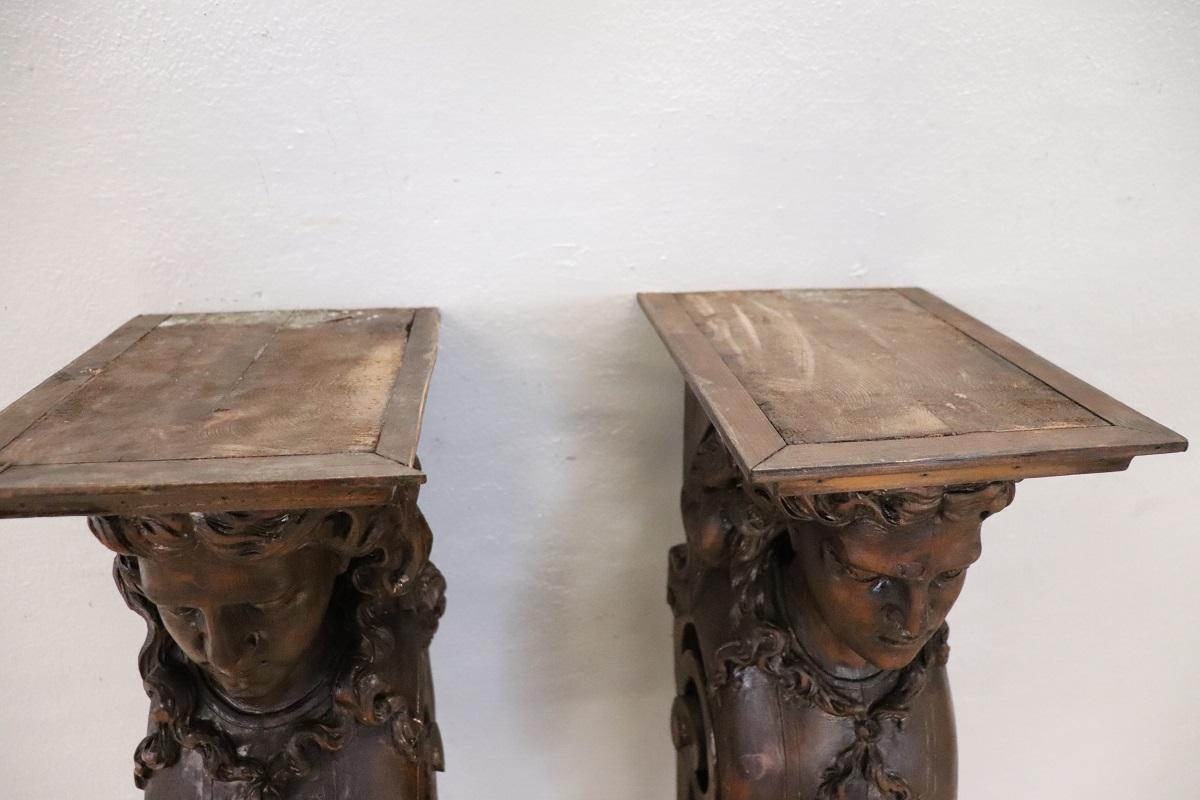 Early 20th Century Italian Pair of Caryatid Pilasters in Carved Walnut For Sale 6