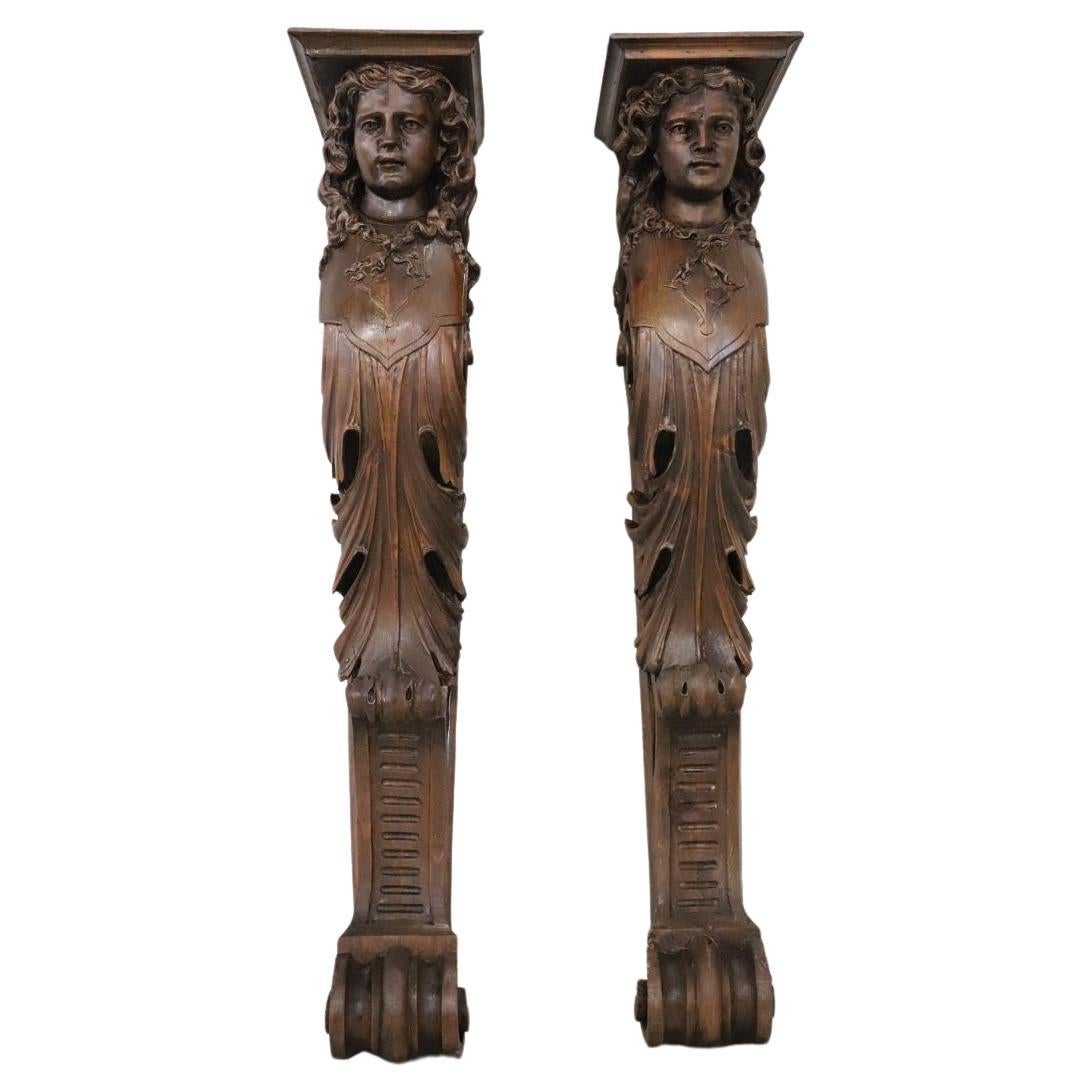 Early 20th Century Italian Pair of Caryatid Pilasters in Carved Walnut For Sale