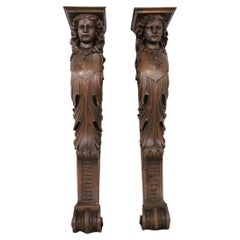 Early 20th Century Italian Pair of Caryatid Pilasters in Carved Walnut