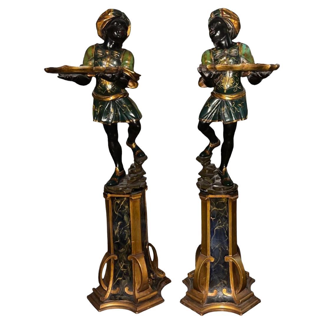 Early 20th Century Italian Pair of Polychrome Blackamoor Carved Wood Figures
