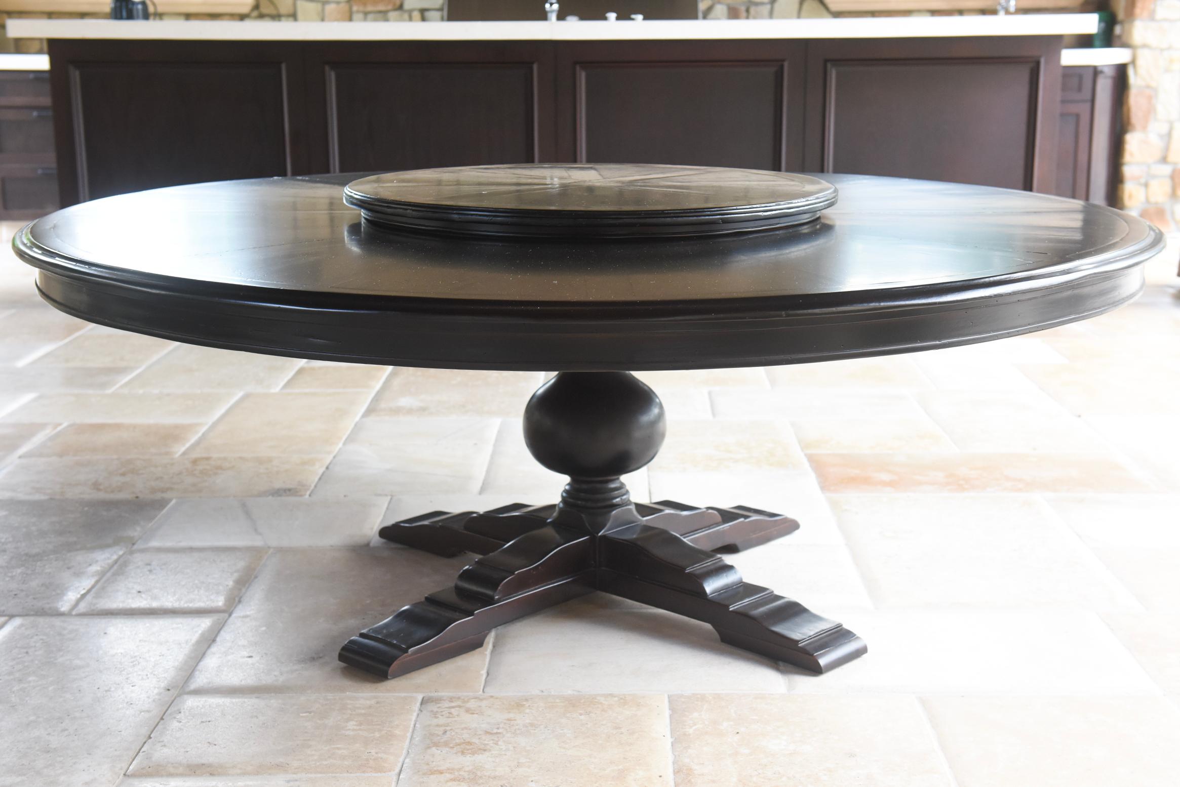 Early 20th Century Italian Pine Farm Table with Lazy Susan in Dark Walnut Finish For Sale 1