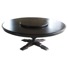 Early 20th Century Italian Pine Farm Table with Lazy Susan in Dark Walnut Finish
