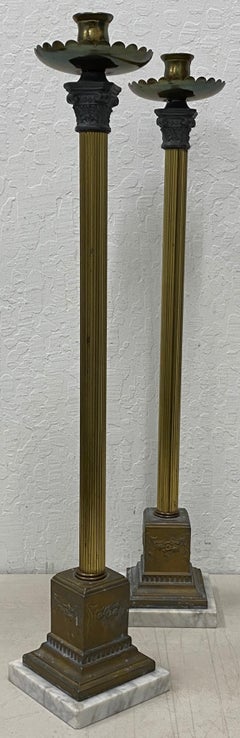Early 20th Century Italian Plate Brass Spelter Candleholders with Marble Base