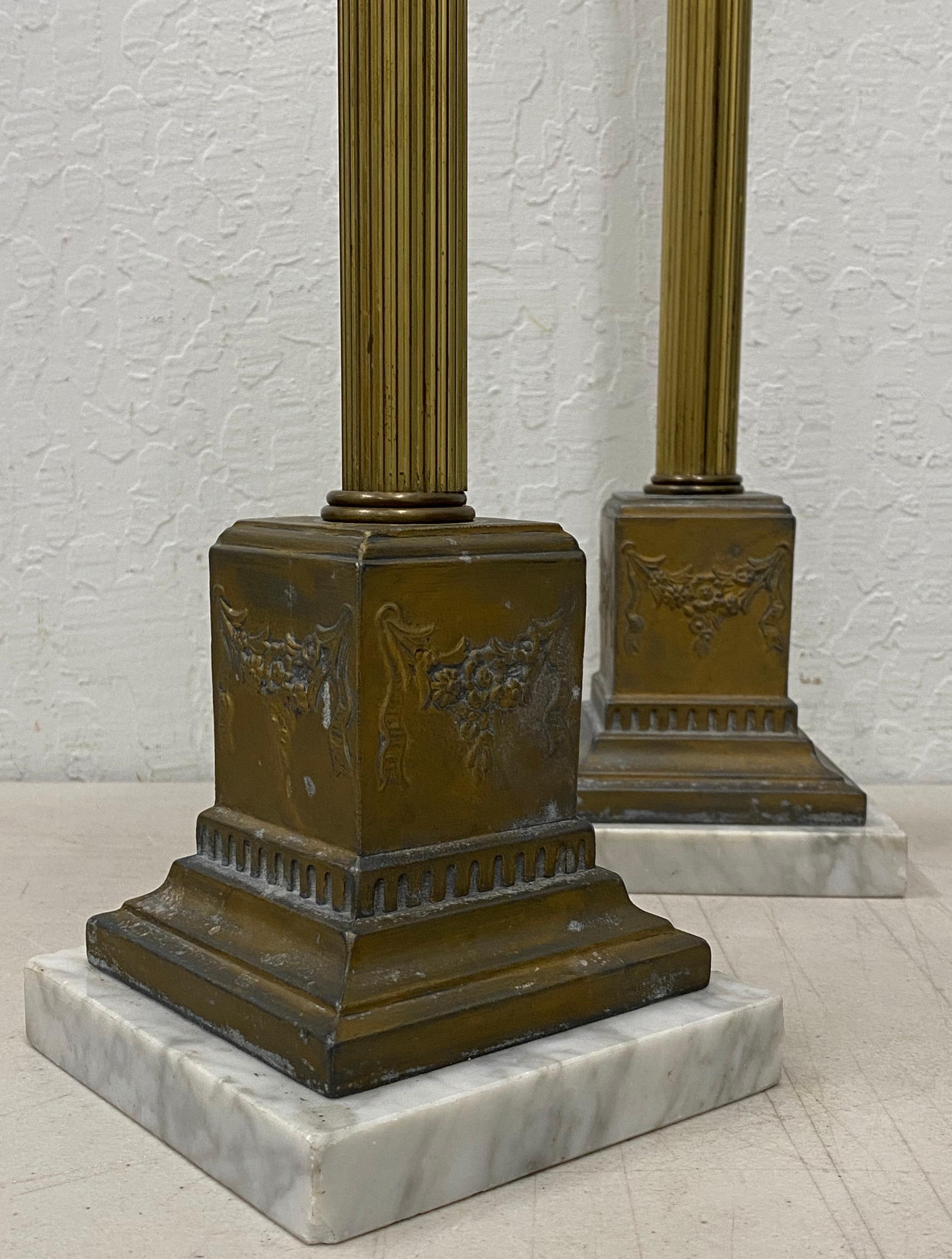 Hand-Crafted Early 20th Century Italian Plate Brass Spelter Candleholders with Marble Base For Sale