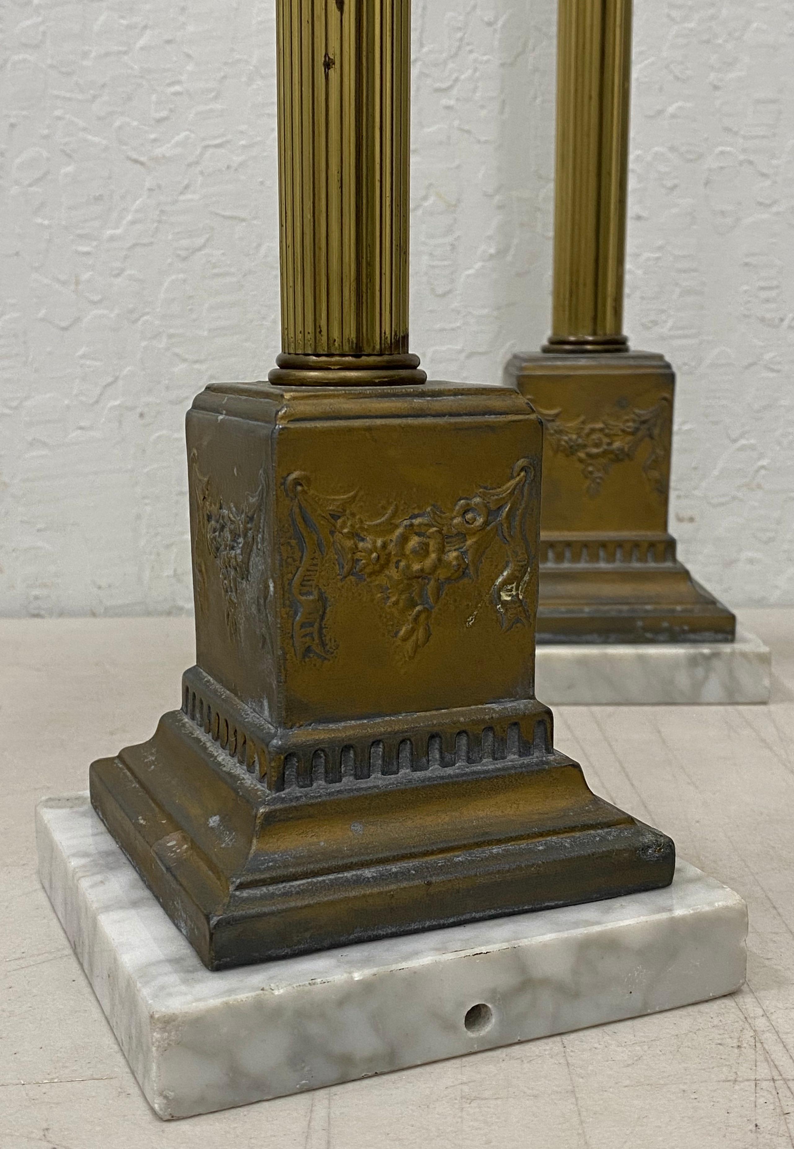 Early 20th Century Italian Plate Brass Spelter Candleholders with Marble Base In Good Condition For Sale In San Francisco, CA