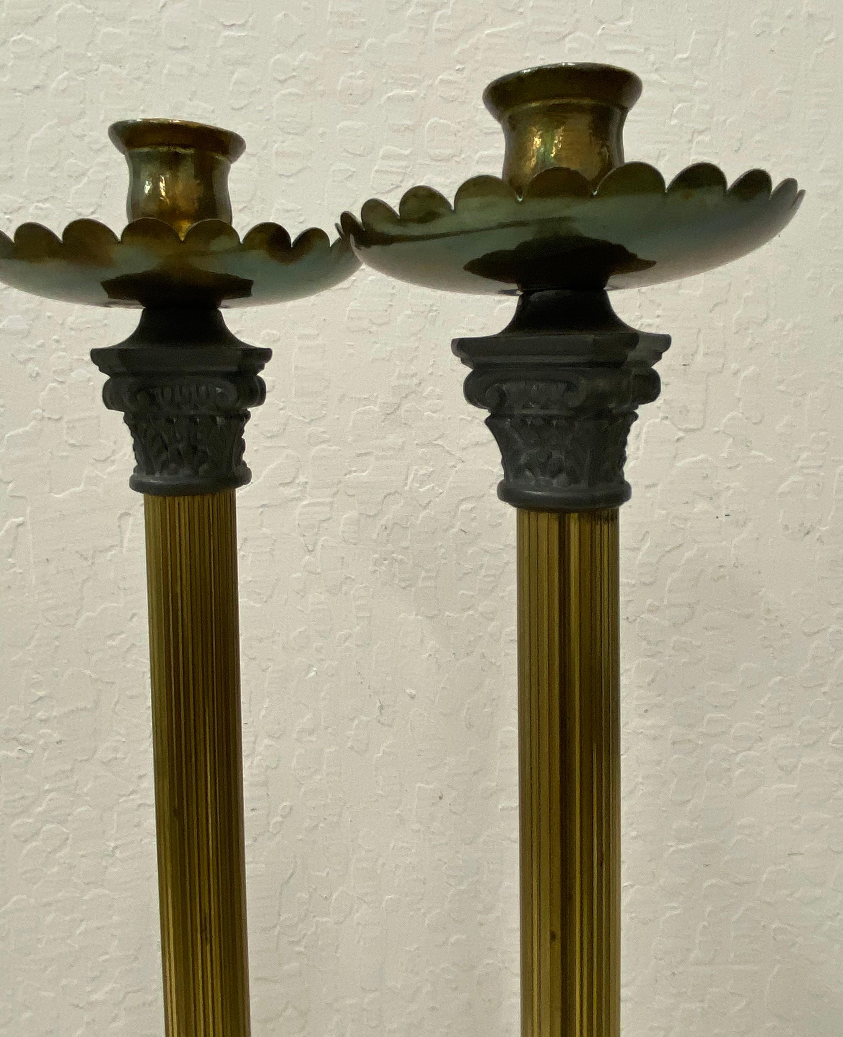 Early 20th Century Italian Plate Brass Spelter Candleholders with Marble Base For Sale 1