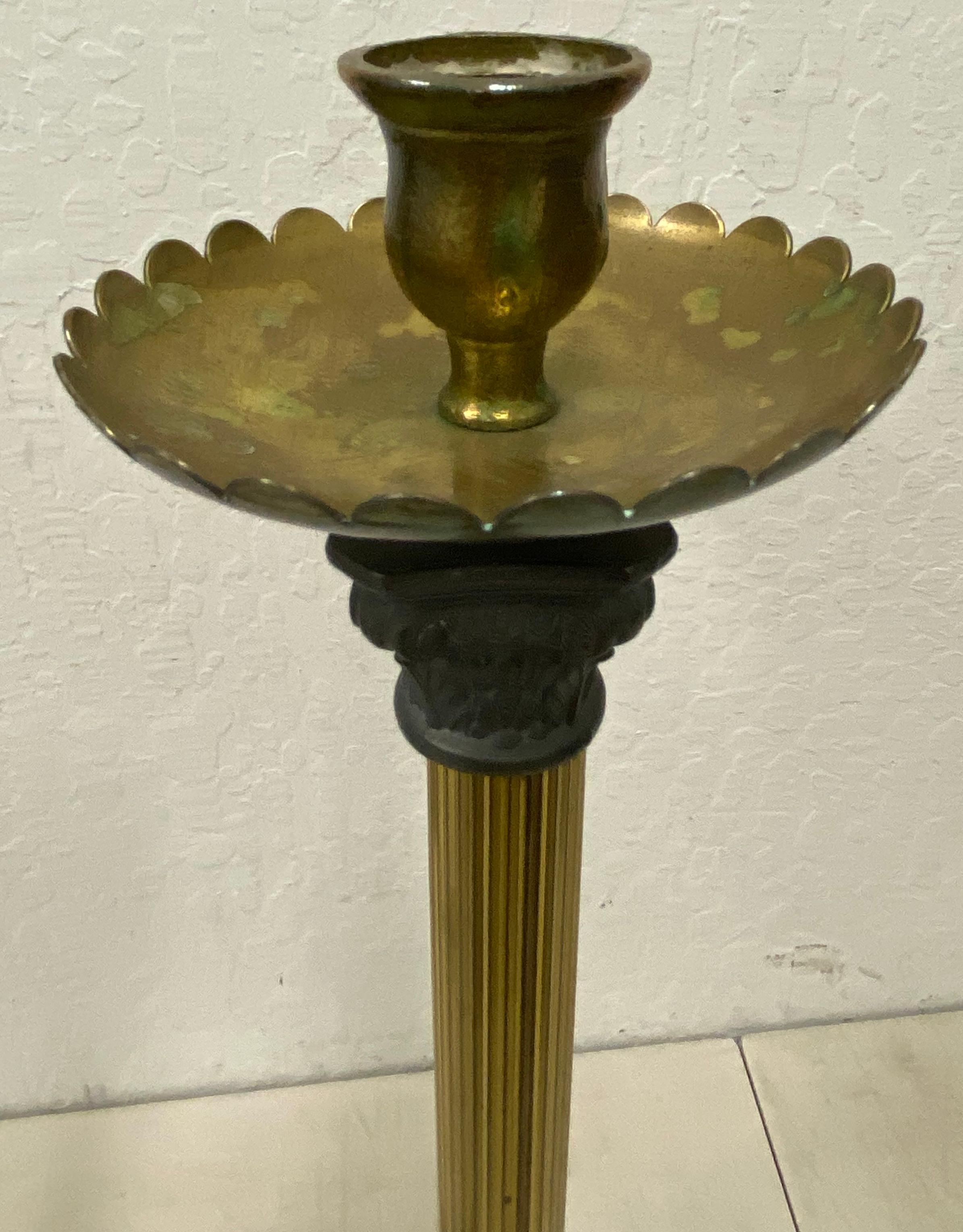 Early 20th Century Italian Plate Brass Spelter Candleholders with Marble Base For Sale 2