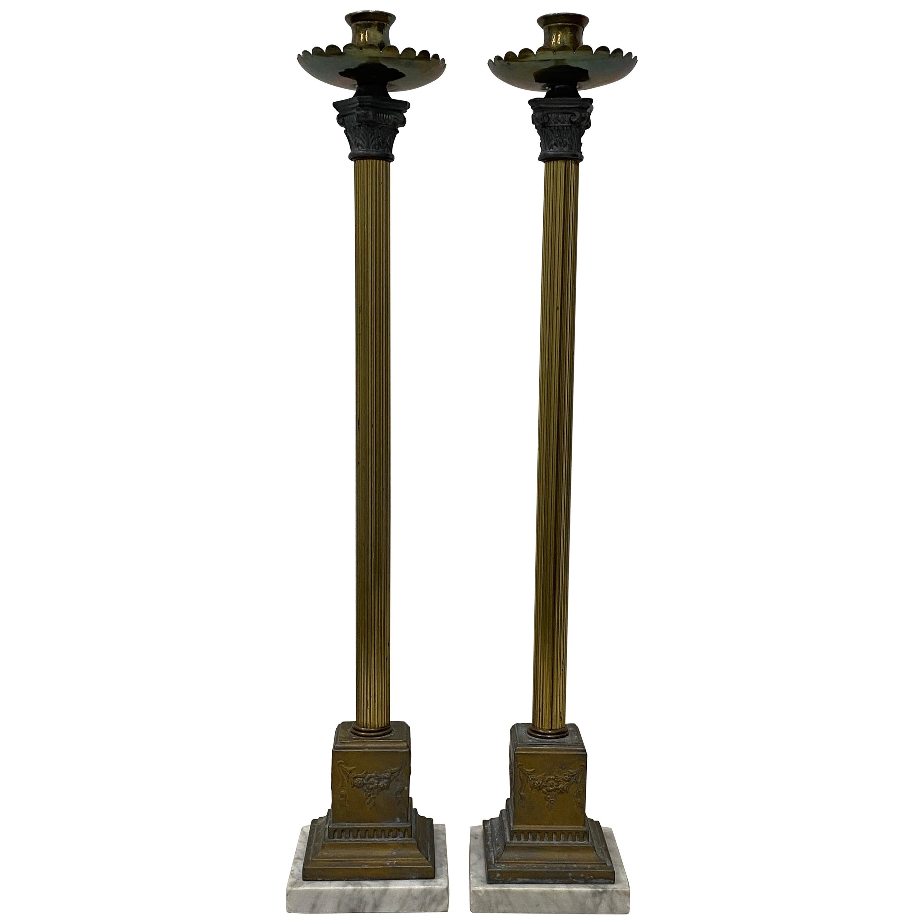 Early 20th Century Italian Plate Brass Spelter Candleholders with Marble Base For Sale