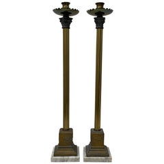 Early 20th Century Italian Plate Brass Spelter Candleholders with Marble Base