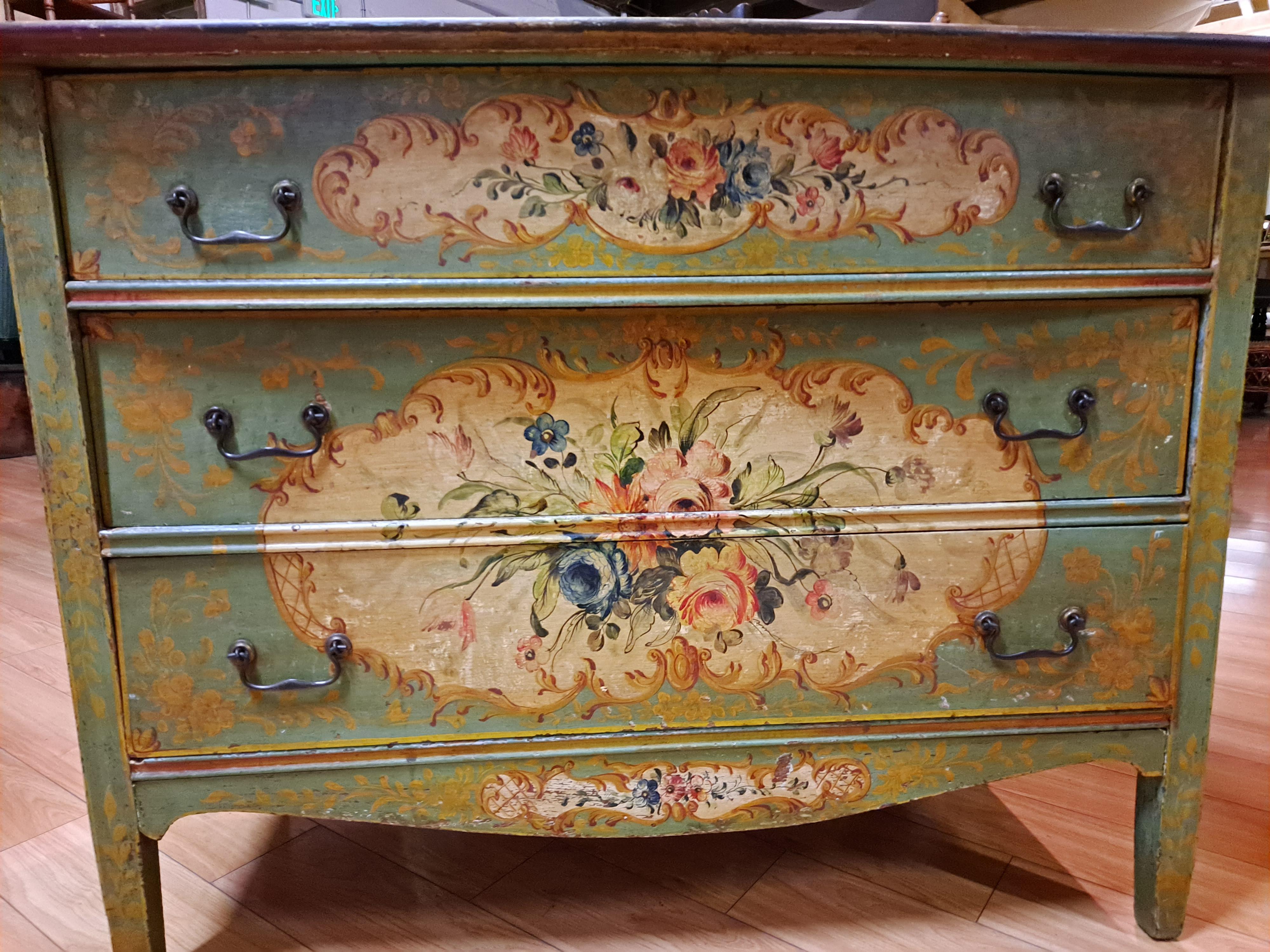 Early 20th C. Italian Rococo Style Handpainted 3-Drawer Commode For Sale 1