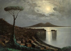 Moonlit Coast - Large Early 20th Century Italian Coastal Landscape Oil Painting