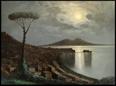 Moonlit Coast - Large Early 20th Century Italian Coastal Landscape Oil Painting