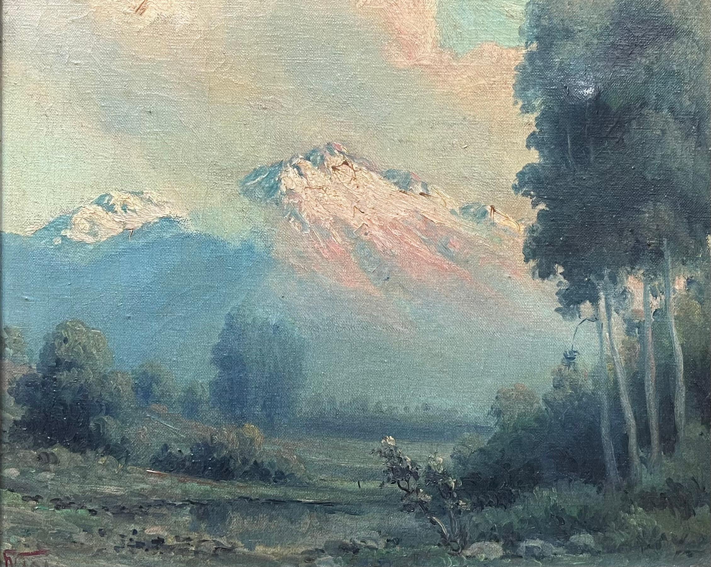The Italian Alps Antique Italian Signed Oil Painting on Canvas Landscape View - Gray Animal Painting by Early 20th Century Italian School