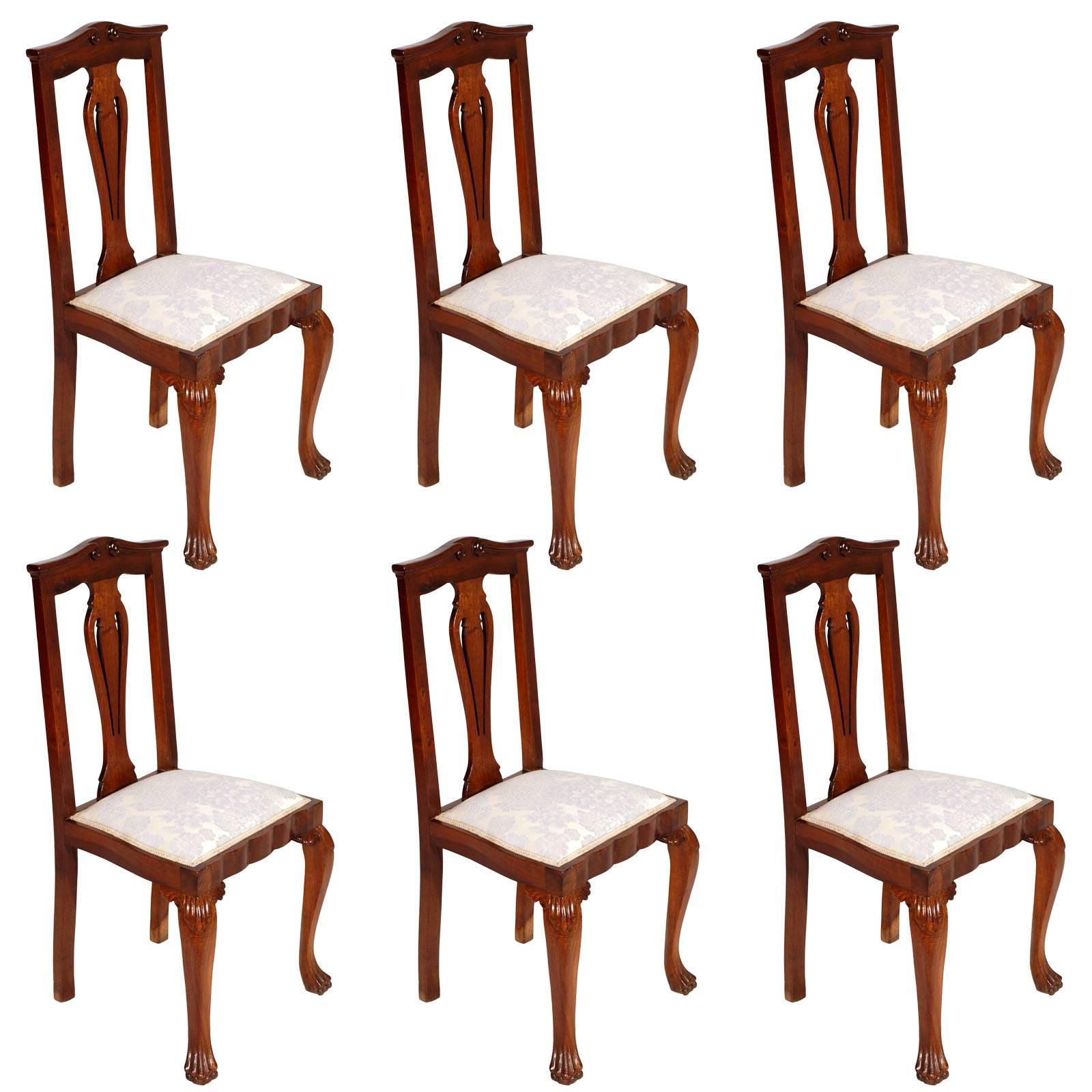 Set aus sechs italienischen Chippendale-Sesseln aus handgeschnitztem Nussbaumholz, frühes 20. Jahrhundert