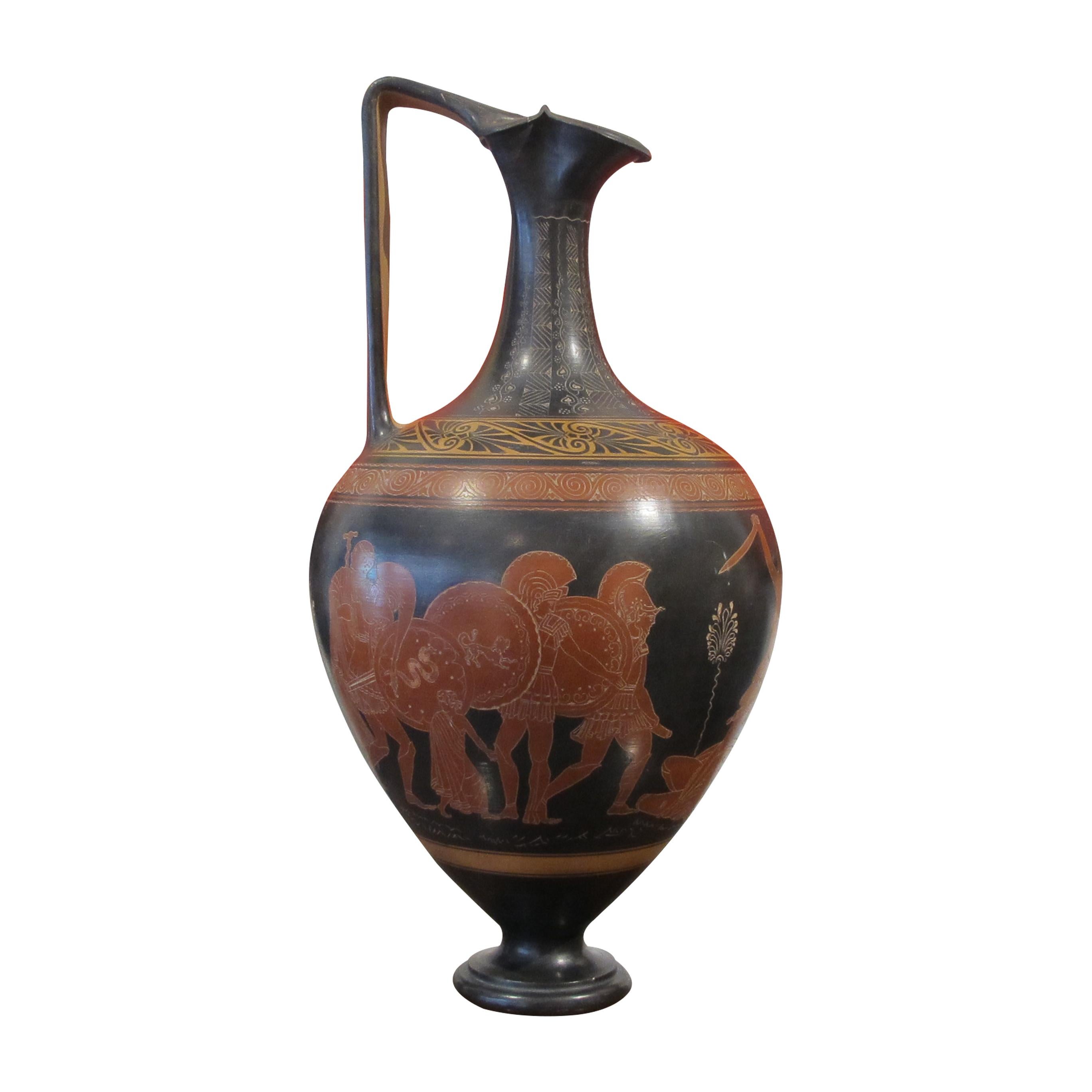 This is a magnificent set 3 of highly decorative early 20th Century Etruscan style vases also known as black-figure pottery painting. Figures and ornaments were painted on the vessel's body using shapes and colours reminiscent of silhouettes.
