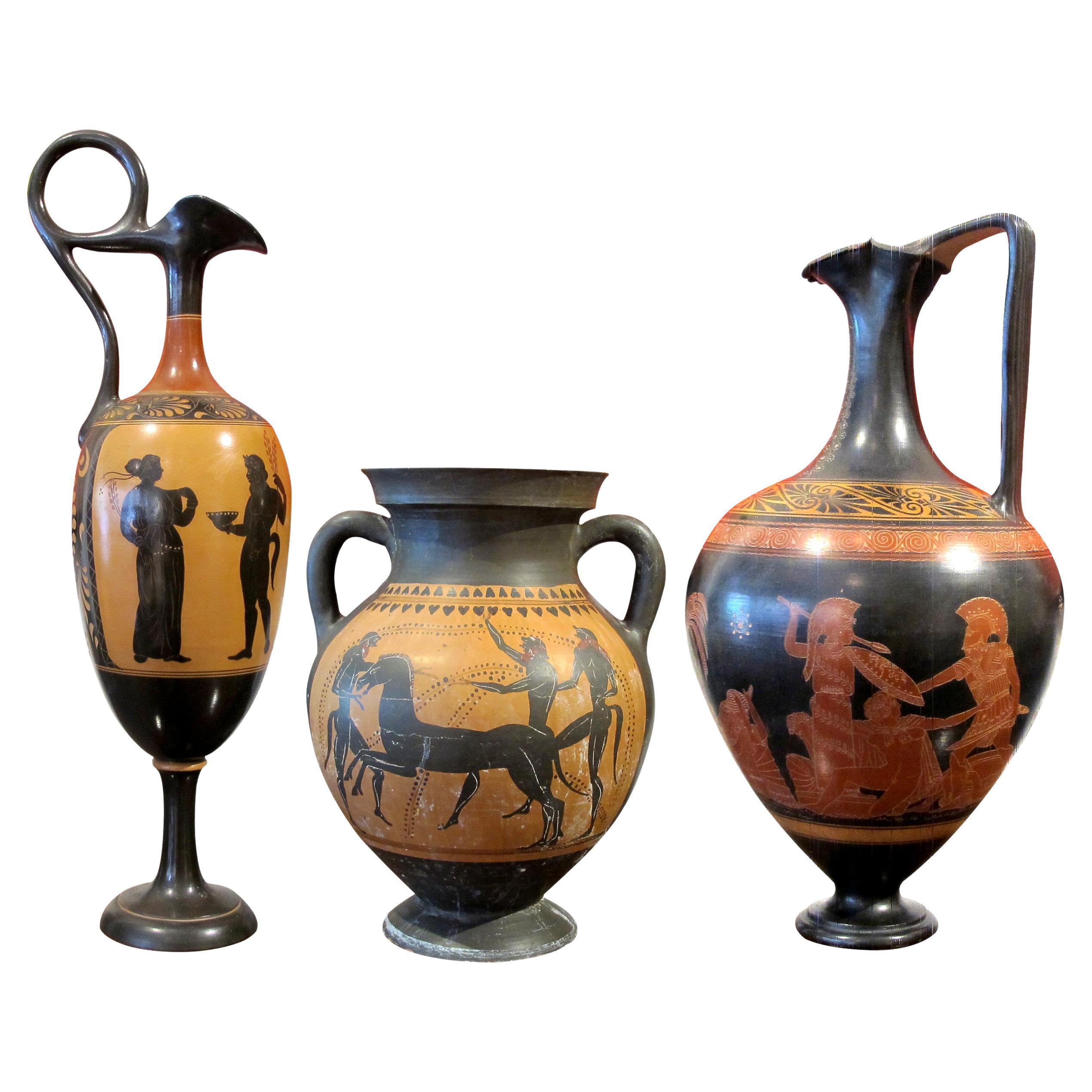 Early 20th Century Italian Set Of Three Decorative Etruscan Style Lekythos Vases For Sale