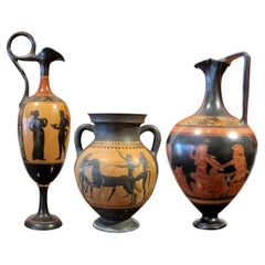 Antique Early 20th Century Italian Set Of Three Decorative Etruscan Style Lekythos Vases