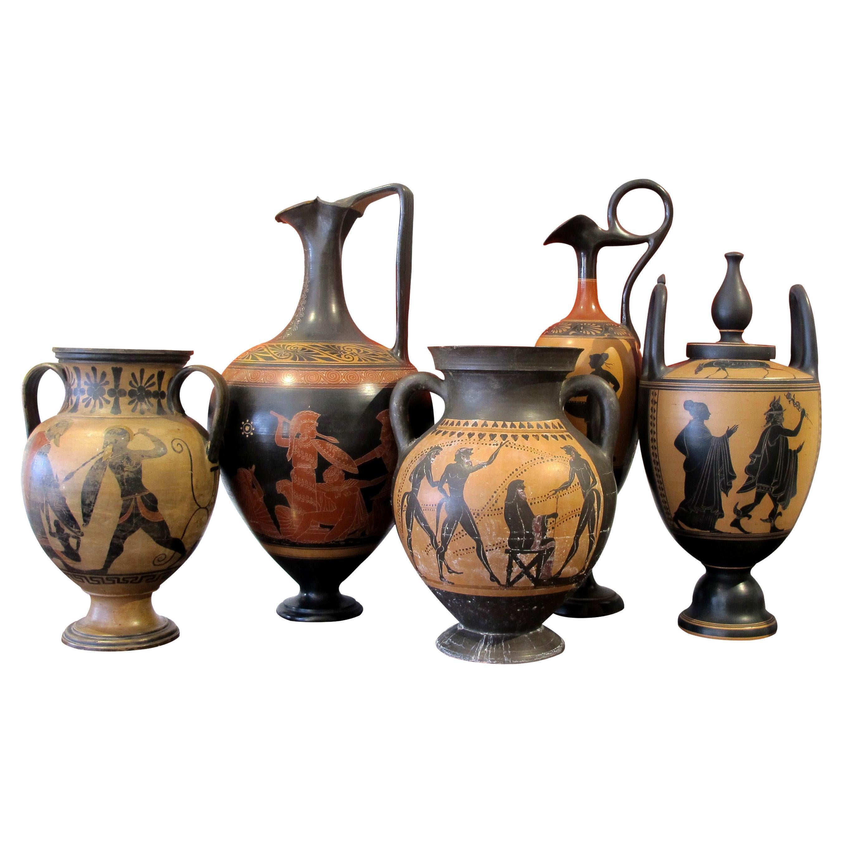 Early 20th Century Italian Set Of Five Decorative Etruscan Style Lekythos Vases For Sale