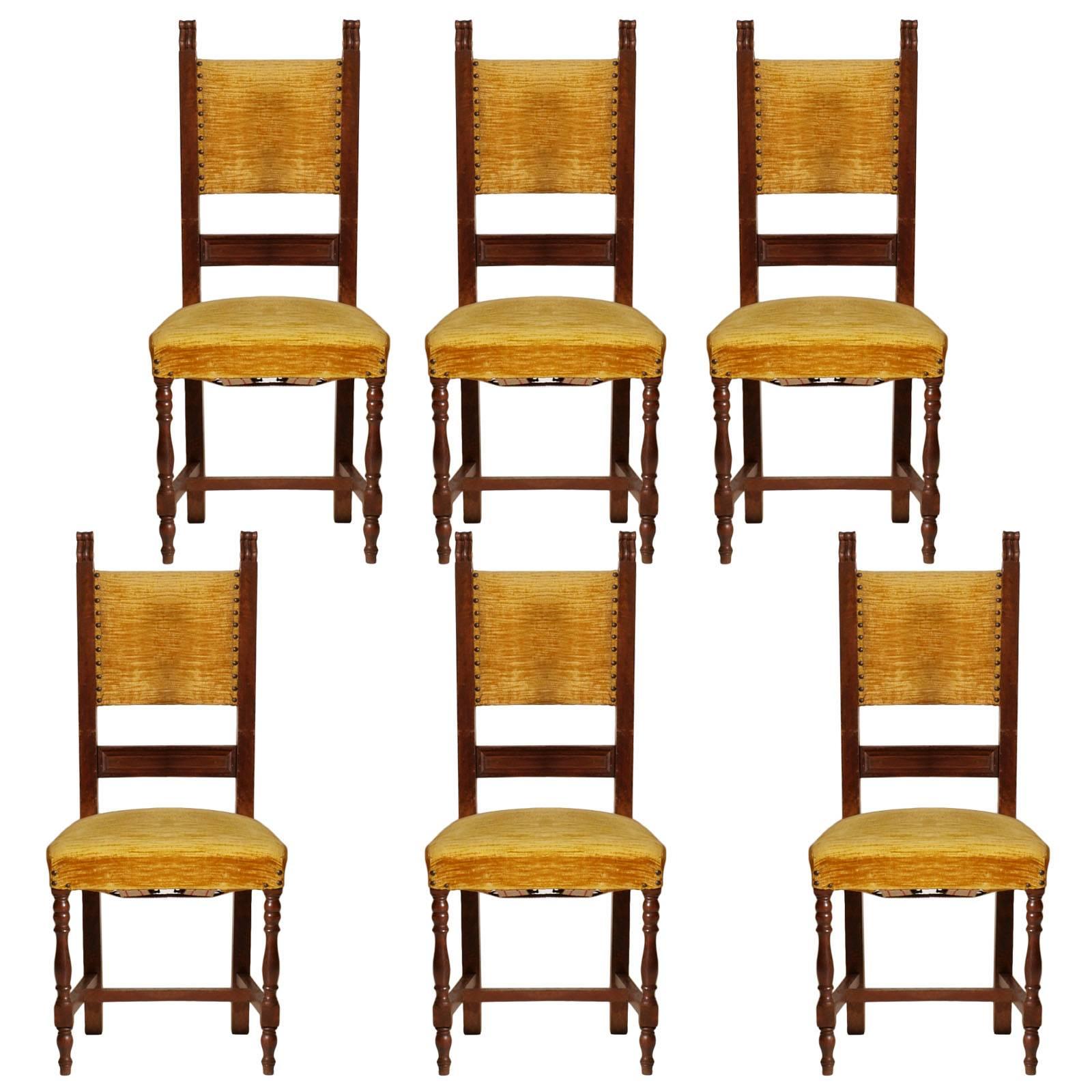 Antique Set Italian Six Renaissance Chairs Rocchetto in Walnut , Wax-Polished For Sale