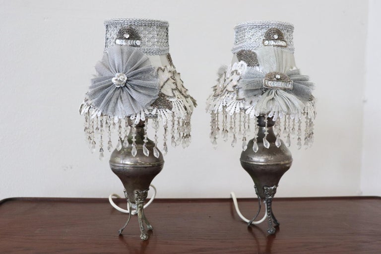 Early 20th Century Italian Silvered Metal Pair of Table Lamp For Sale 2