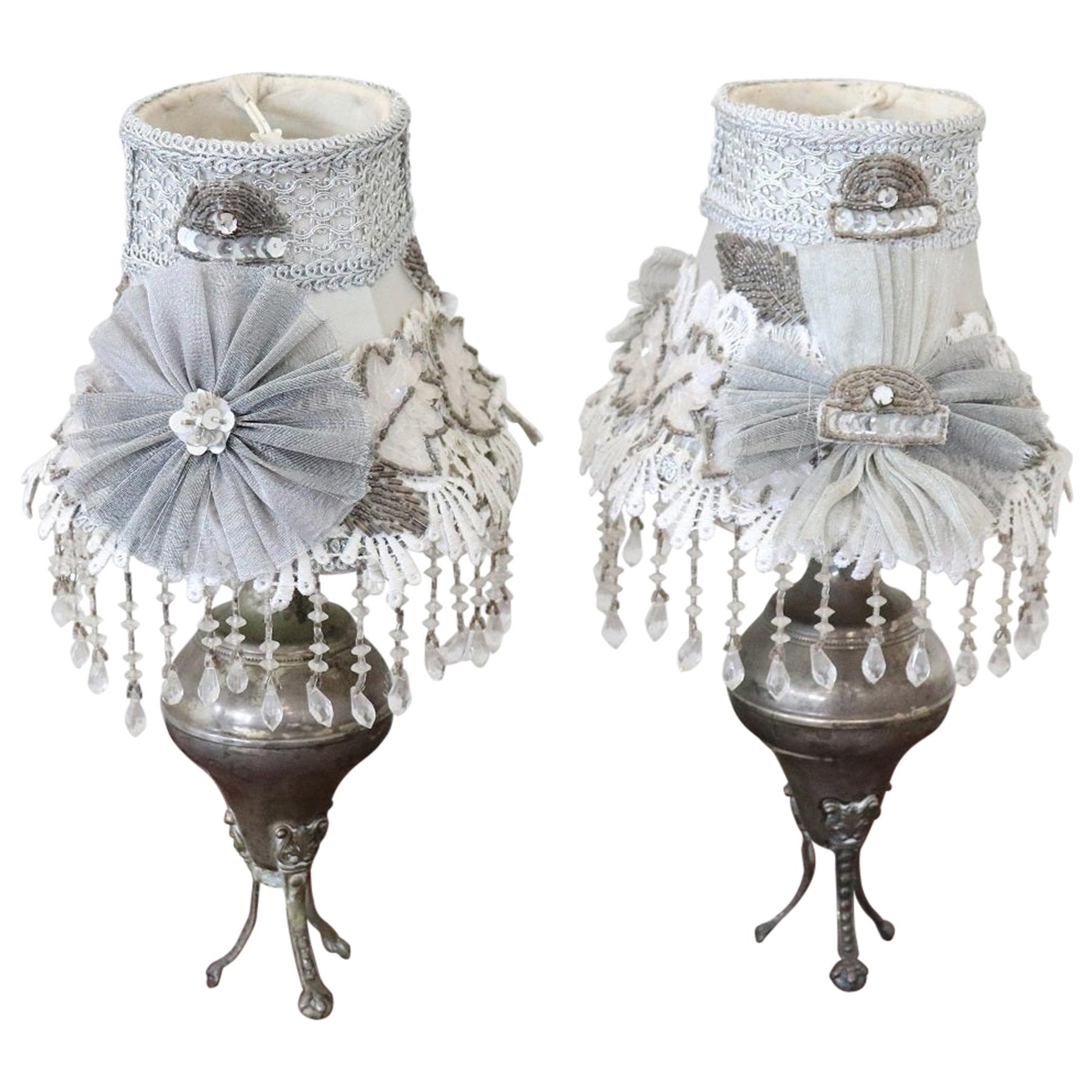 Early 20th Century Italian Silvered Metal Pair of Table Lamp For Sale