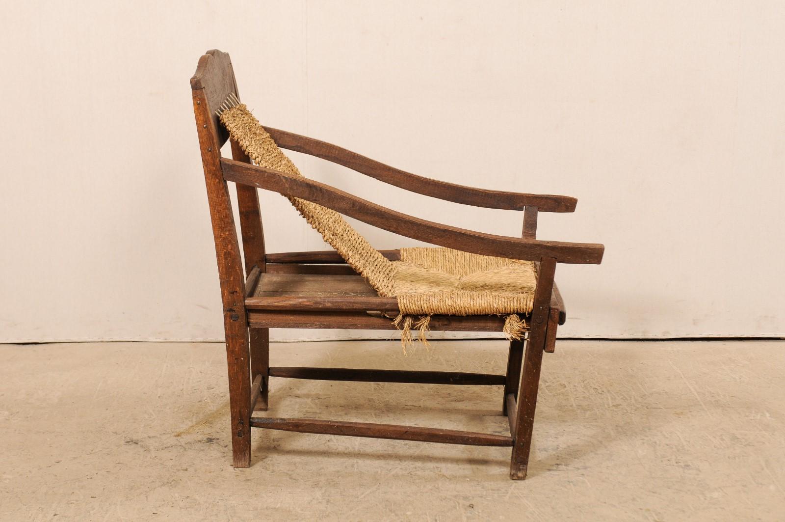Italian Sling Lounge Chair w/ Rush Seating & Extendable Foot-Rest, Early 20th C. In Good Condition For Sale In Atlanta, GA