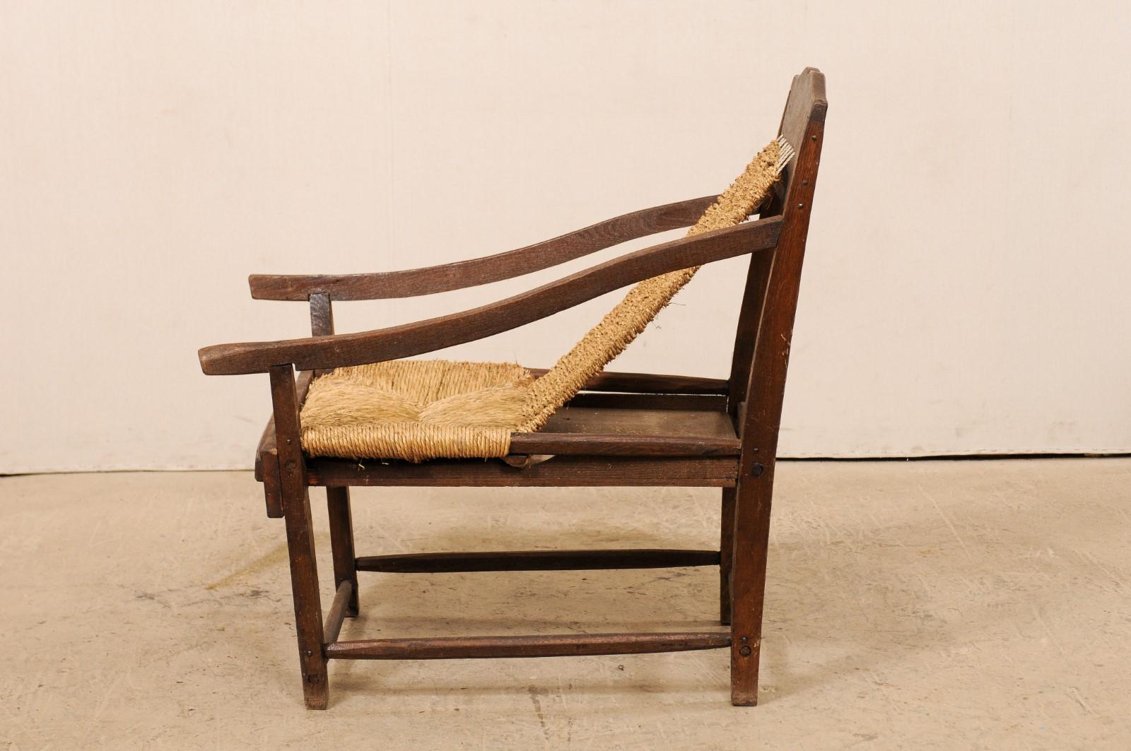 20th Century Italian Sling Lounge Chair w/ Rush Seating & Extendable Foot-Rest, Early 20th C. For Sale