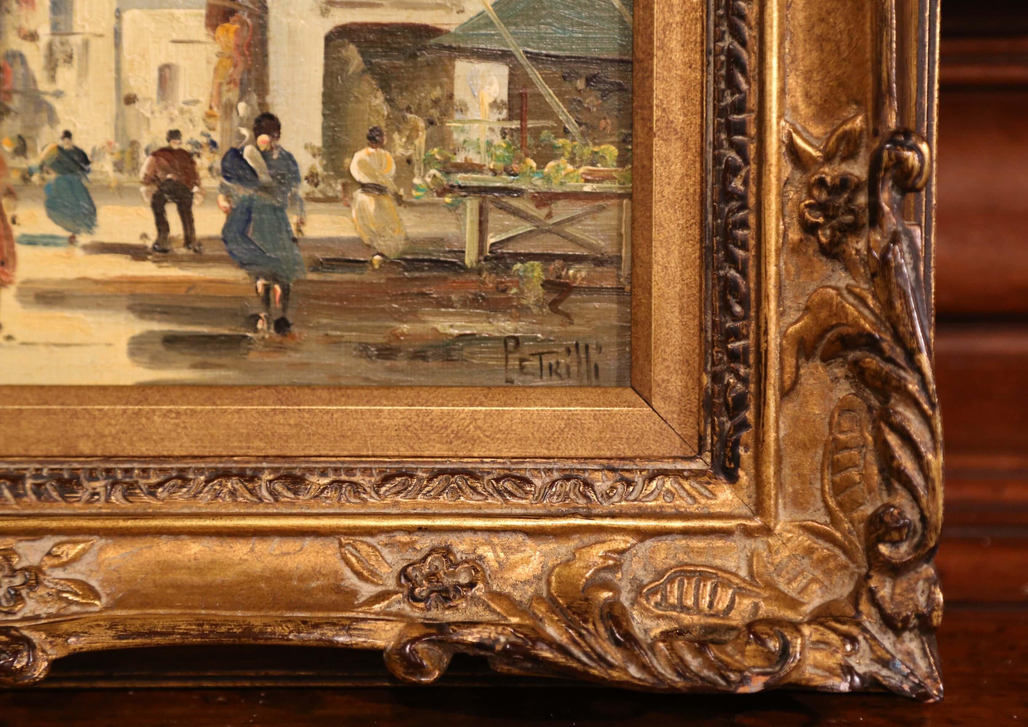 Carved Early 20th Century Italian Street Scene Painting in Gilt Frame Signed Petrilli For Sale