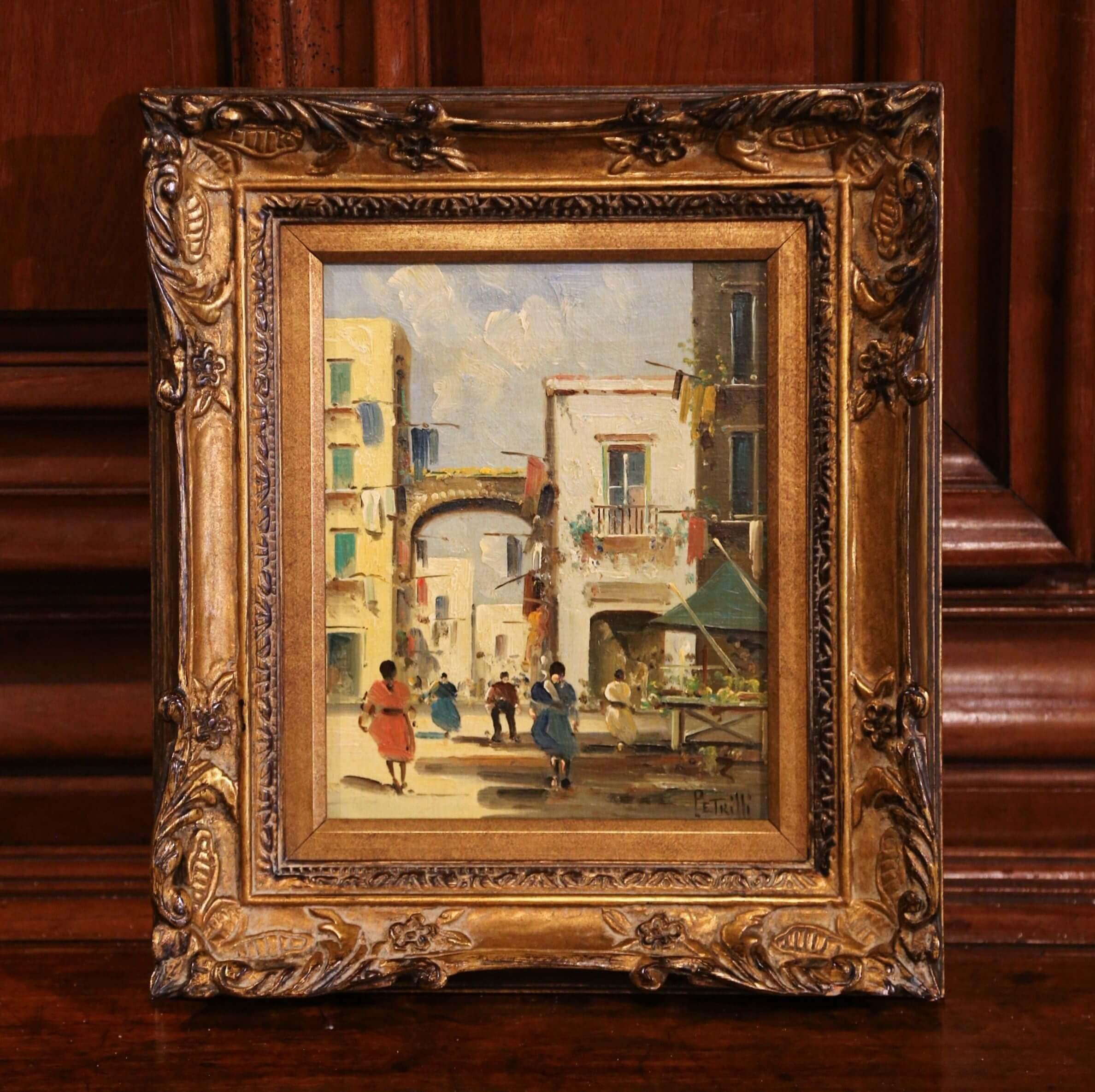 Early 20th Century Italian Street Scene Painting in Gilt Frame Signed Petrilli In Excellent Condition For Sale In Dallas, TX