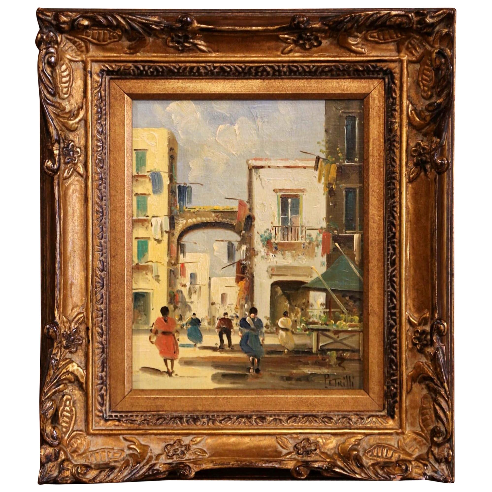 Early 20th Century Italian Street Scene Painting in Gilt Frame Signed Petrilli