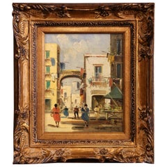 Antique Early 20th Century Italian Street Scene Painting in Gilt Frame Signed Petrilli