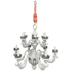 Early 20th Century Italian Style Iron, Tole and Wood Painted 12-Light Chandelier