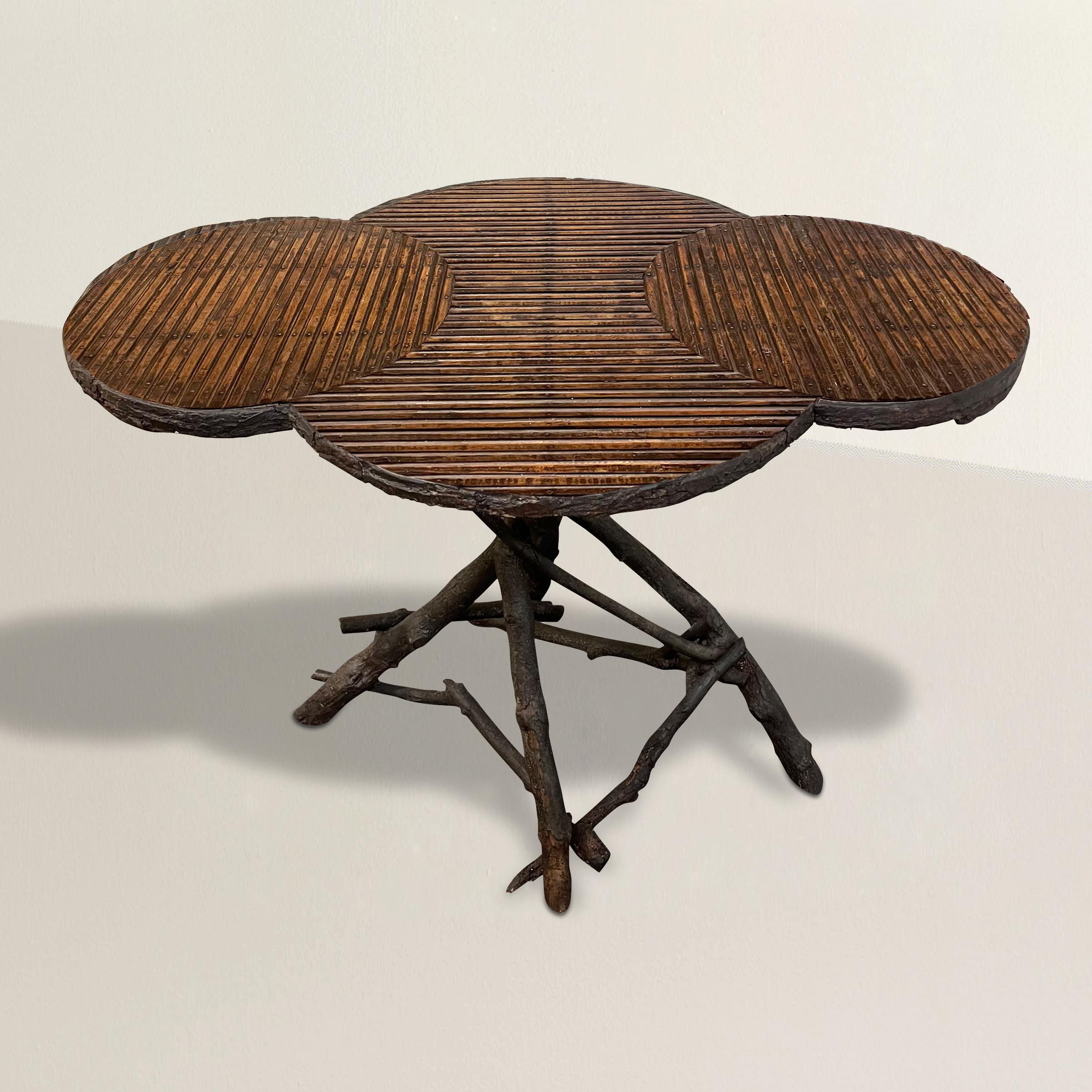 Transport yourself to the enchanting Tyrol region of Italy with this bespoke twig table, custom made for a mountain ski chalet in 1907. Crafted with meticulous artistry, this table captures the rustic beauty and natural allure of the Tyrolean