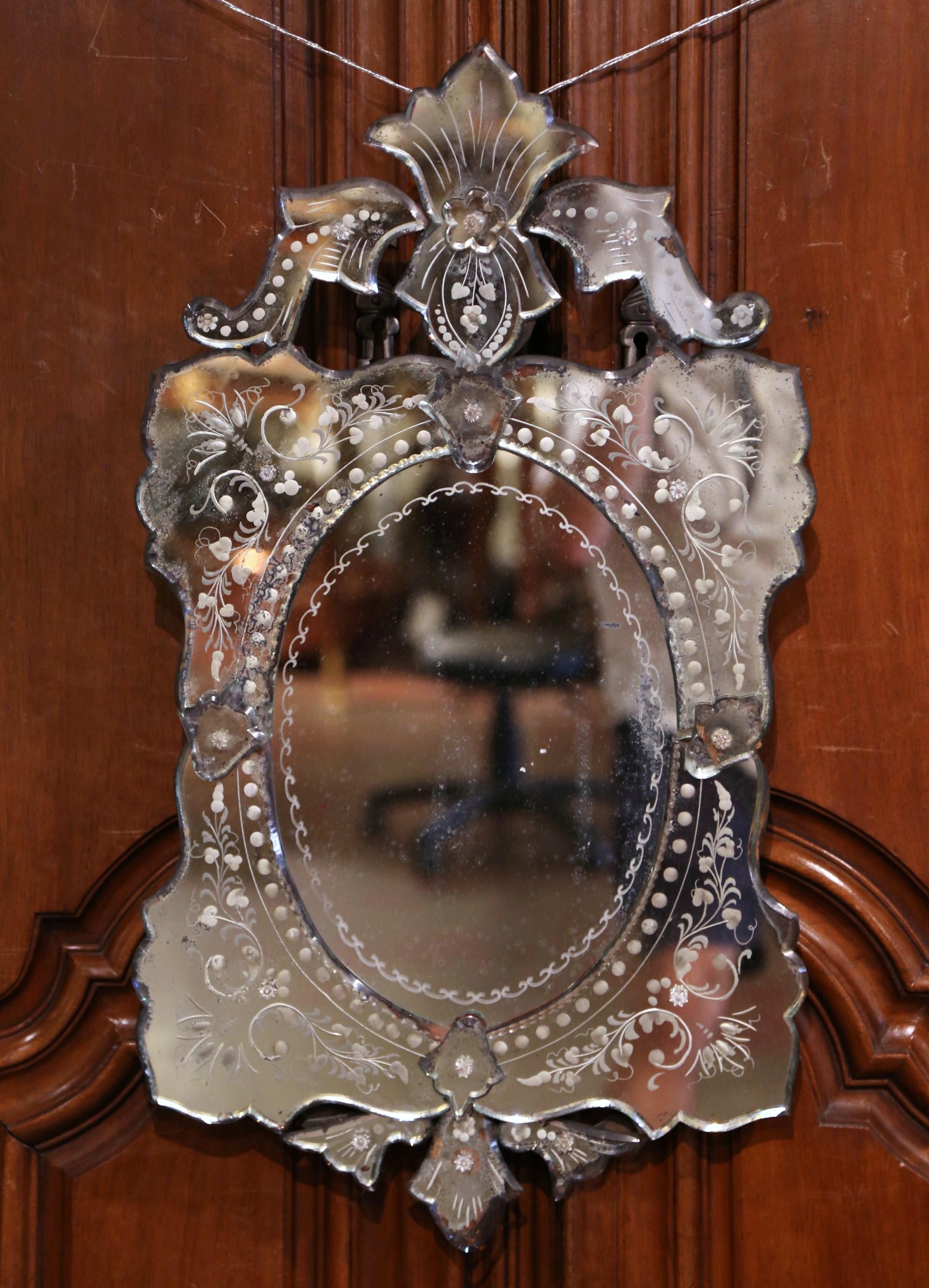 Etched Early 20th Century Italian Venetian Mirror with Painted Floral Etching For Sale