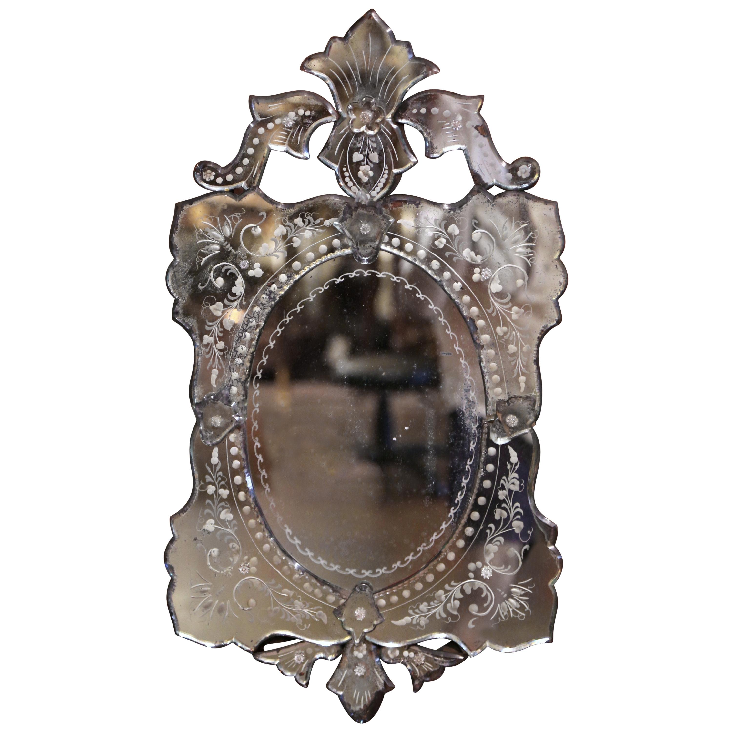 Early 20th Century Italian Venetian Mirror with Painted Floral Etching