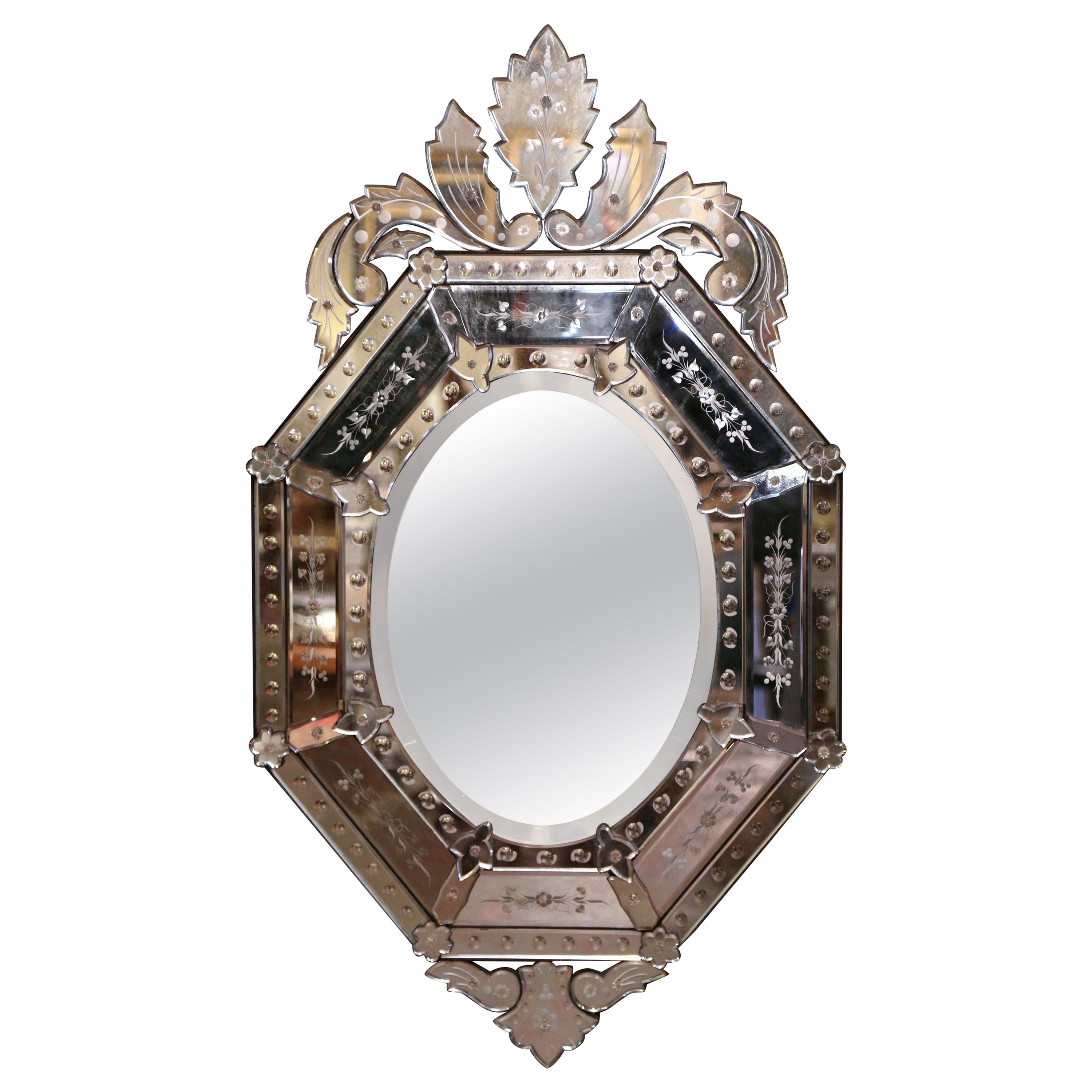 Early 20th Century Italian Venetian Octagonal Mirror with Painted Floral Etching
