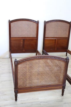 Early 20th Century Italian Walnut and Vienna Straw Pair of Single Beds