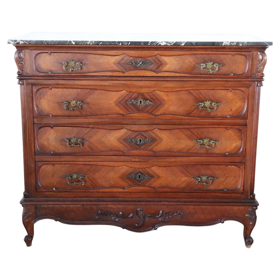 Early 20th Century Italian Walnut Antique Chest of Drawers with Marble Top