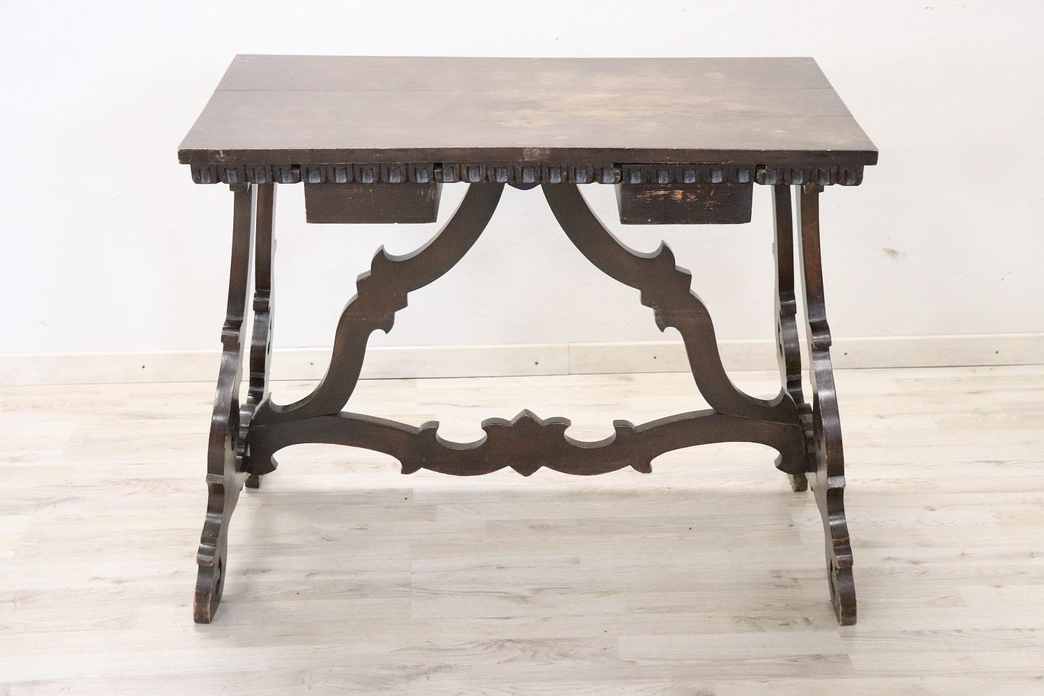 Renaissance Early 20th Century Italian Walnut Small Fratino Table or Desk with Lyre Legs