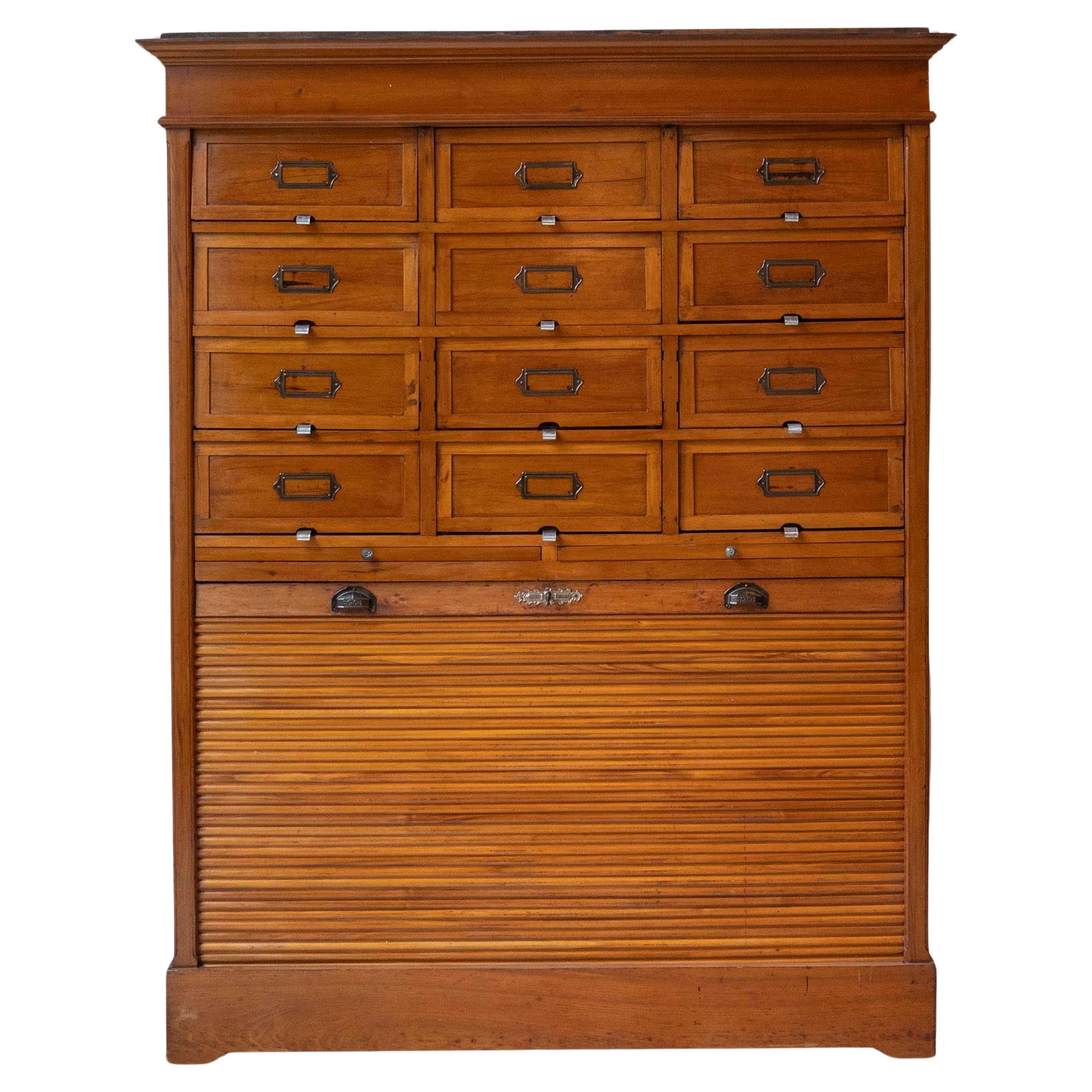 Early 20th Century Italian Wooden Filing Cabinet with Tambour Door