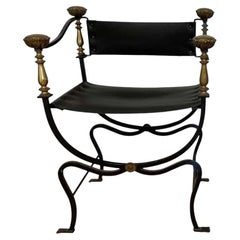 Early 20th Century Italian Wrought Iron & Leather Savonarola Chair