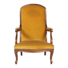 Early 20th Century, Italy Art Nouveau Armchair Hand-Carved Walnut, Yellow Velvet