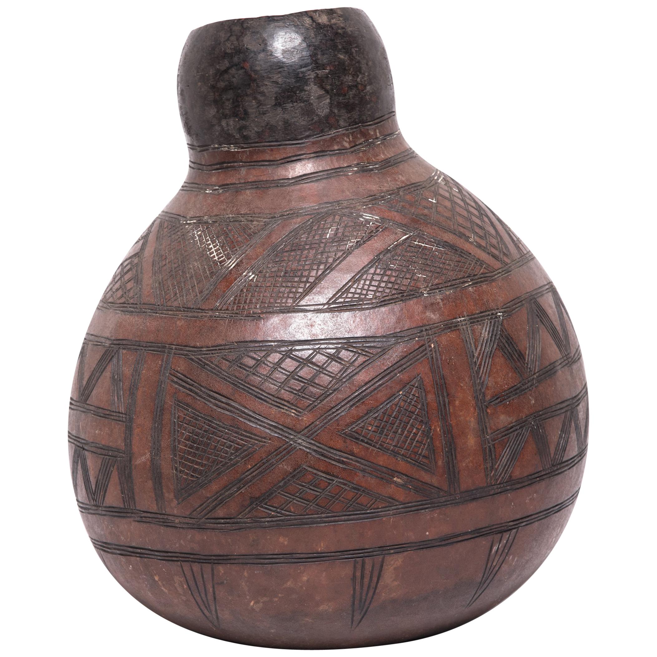 Early 20th Century Ivorian Nupe Incised Gourd Drinking Vessel