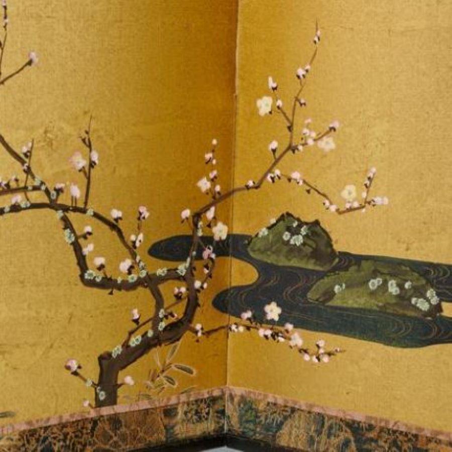 20th c., Showa period gouache and gold leaf Japanese screen. Depicting plum tree blossoms on a riverbank across 6 panels. Plum blossoms are often mentioned in Japanese poetry as a symbol of spring.
Japanese folding screens, or byobu (“wind