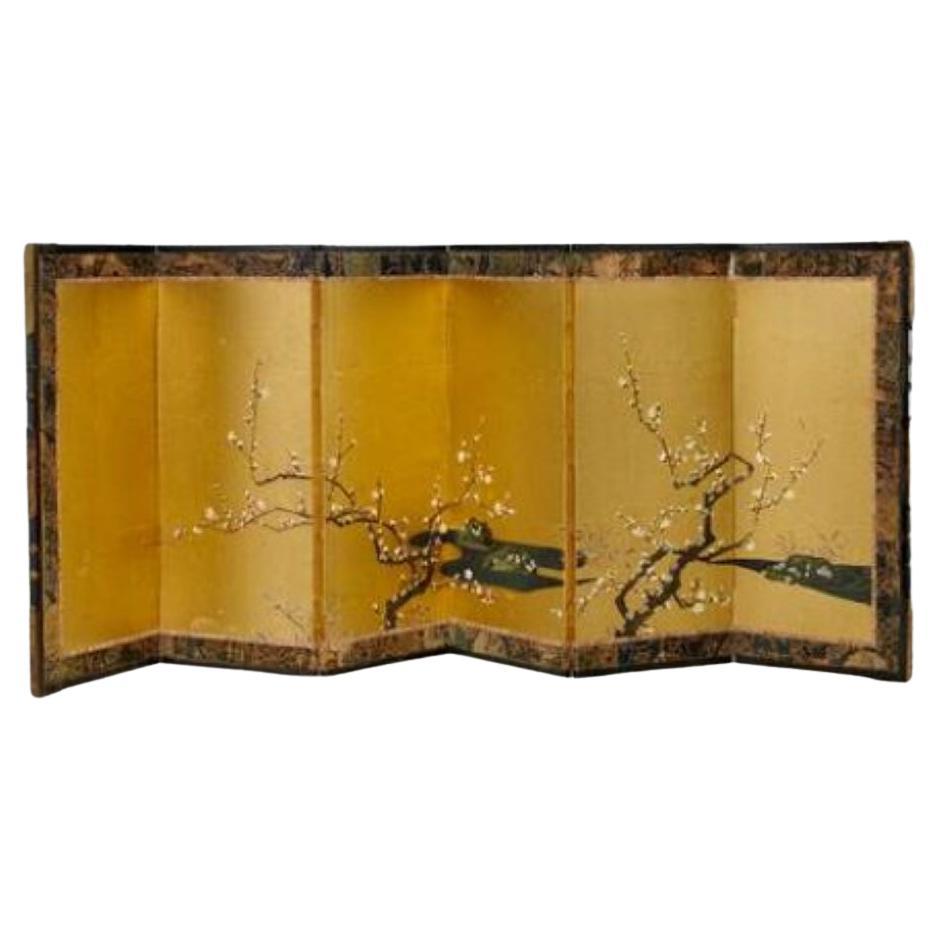 Early 20th Century Japanese 6-Panel Gouache and Gold Leaf Painted Table Screen