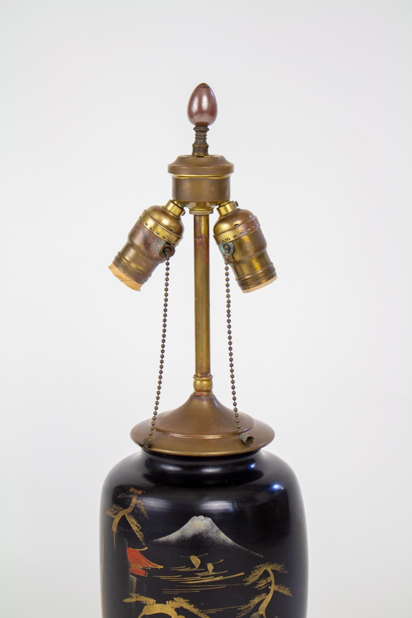 Early 20th Century Japanese Black Lacquer Table Lamp In Good Condition For Sale In Canton, MA