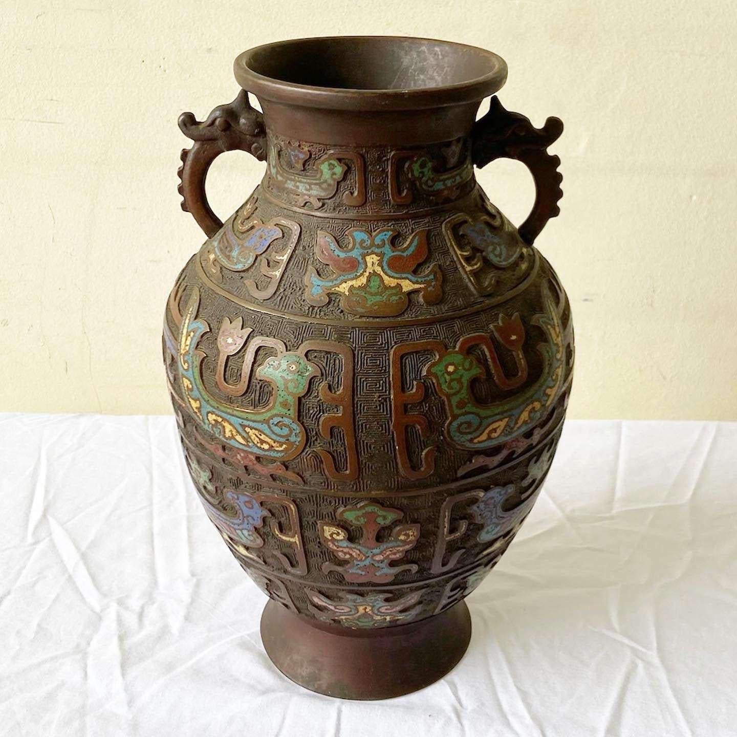 Anglo-Japanese Early 20th Century Japanese Brass Champleve Vase For Sale