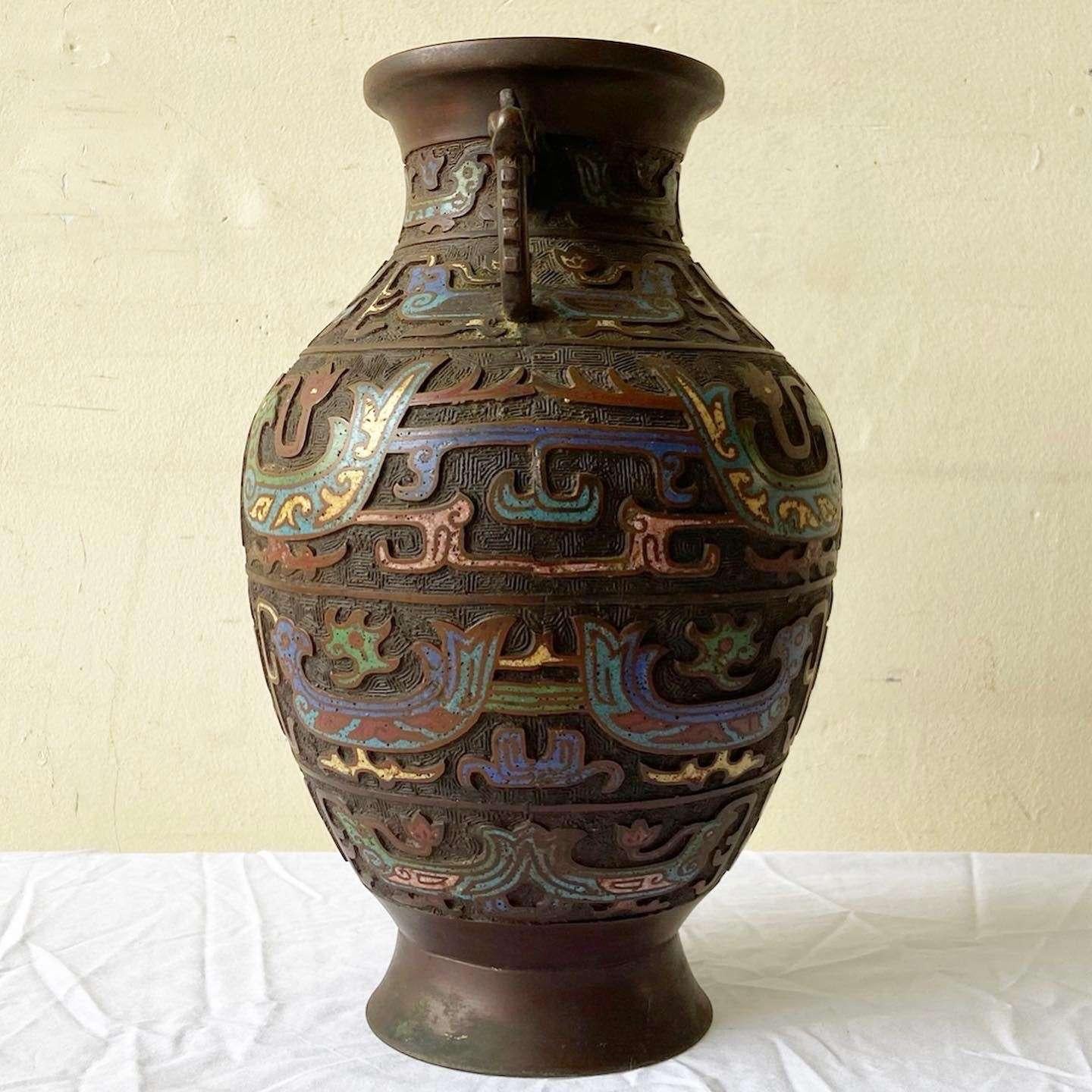 Early 20th Century Japanese Brass Champleve Vase In Good Condition For Sale In Delray Beach, FL