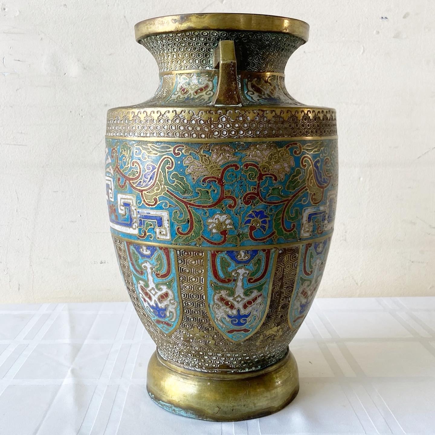 Japonisme Vintage Japanese Brass and Enameled Champleve Vase For Sale